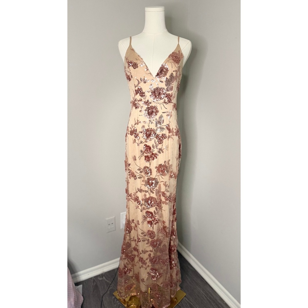 Lulus M Rose Gold Floral Sequin Embroidered Maxi Dress Formal Wedding Gown